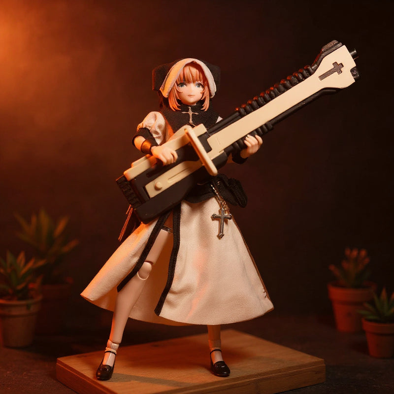 Miniature 1/12 scale cloth outfit with layered skirt and top in muted natural tones on a figure, displayed on a wooden shelf with potted plants against a bold gradient background.