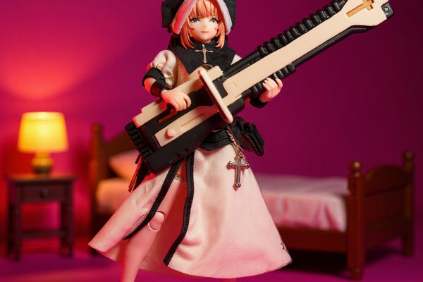 Handmade doll clothes for action figures on a 1/12 scale figure, posed in a bold dollhouse bedroom set with a saturated gradient background.