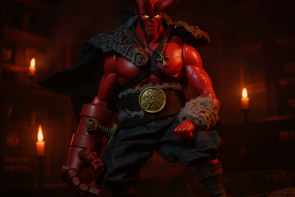1000toys Hellboy action figure posed in gothic library with candles and occult props