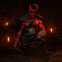 1000toys Hellboy action figure posed in gothic library with candles and occult props