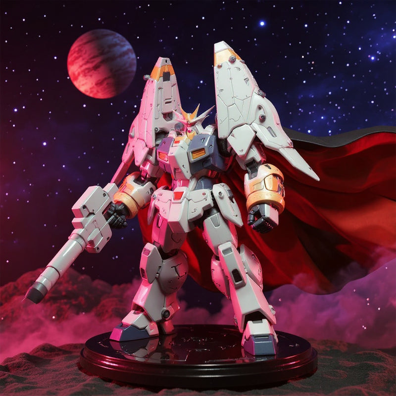 White and blue Gunbuster action figure with red poseable cape and weapon, standing on round base against starry space backdrop with distant planet and smoke effects.