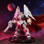 White and blue Gunbuster action figure with red poseable cape and weapon, standing on round base against starry space backdrop with distant planet and smoke effects.