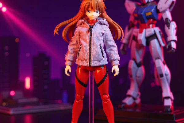 Red and white 1/12 scale Asuka-style fabric jacket on action figure with stitched seams and wired collar, posed before Tokyo-3 diorama with EVA-02 model kit and acrylic stand under neon red and purple lighting.