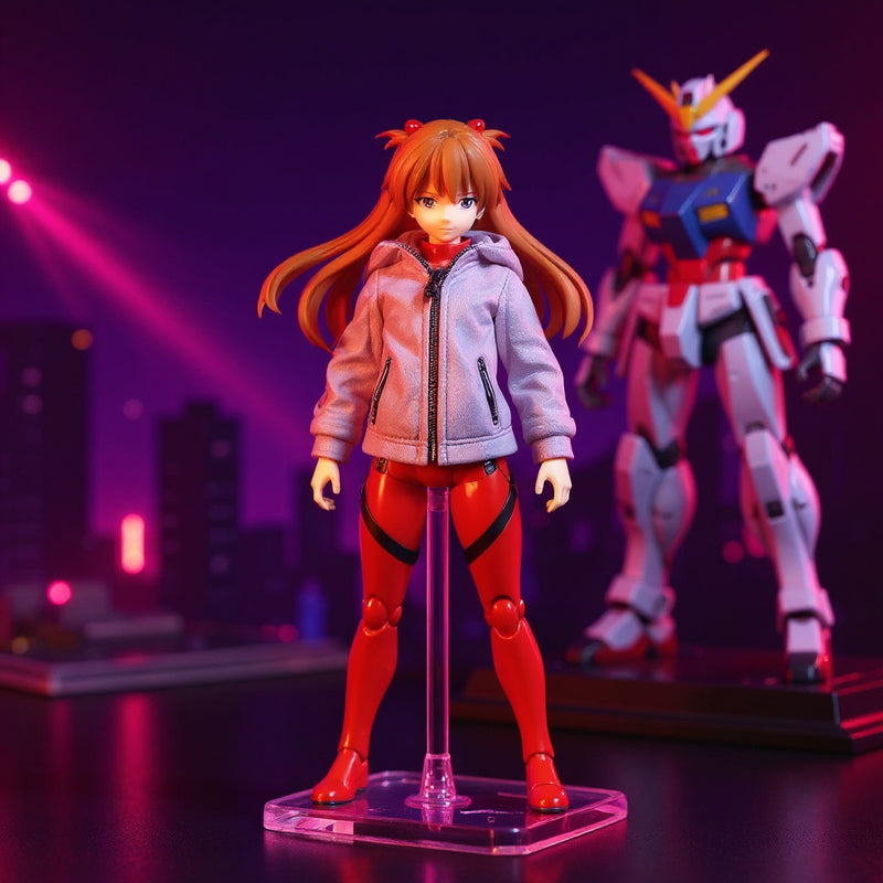 Red and white 1/12 scale Asuka-style fabric jacket on action figure with stitched seams and wired collar, posed before Tokyo-3 diorama with EVA-02 model kit and acrylic stand under neon red and purple lighting.