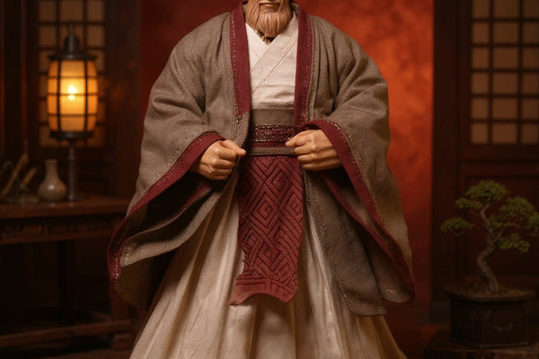 1/12 scale Confucius outfit for action figure on a muscular body, with wire-reinforced sleeves sculpted in dynamic folds, displayed against a bold crimson gradient background with traditional scholar props.