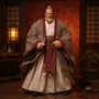 1/12 scale Confucius outfit for action figure on a muscular body, with wire-reinforced sleeves sculpted in dynamic folds, displayed against a bold crimson gradient background with traditional scholar props.
