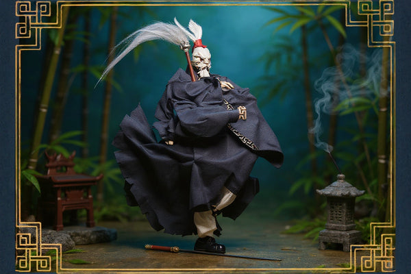 Handmade cloth Taoist robe on 1/12 figure in bamboo forest with temple props