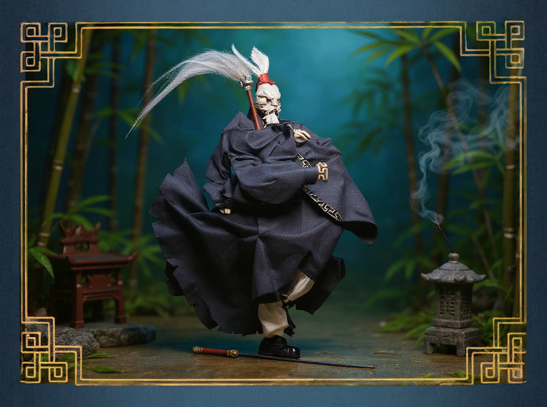 Handmade cloth Taoist robe on 1/12 figure in bamboo forest with temple props