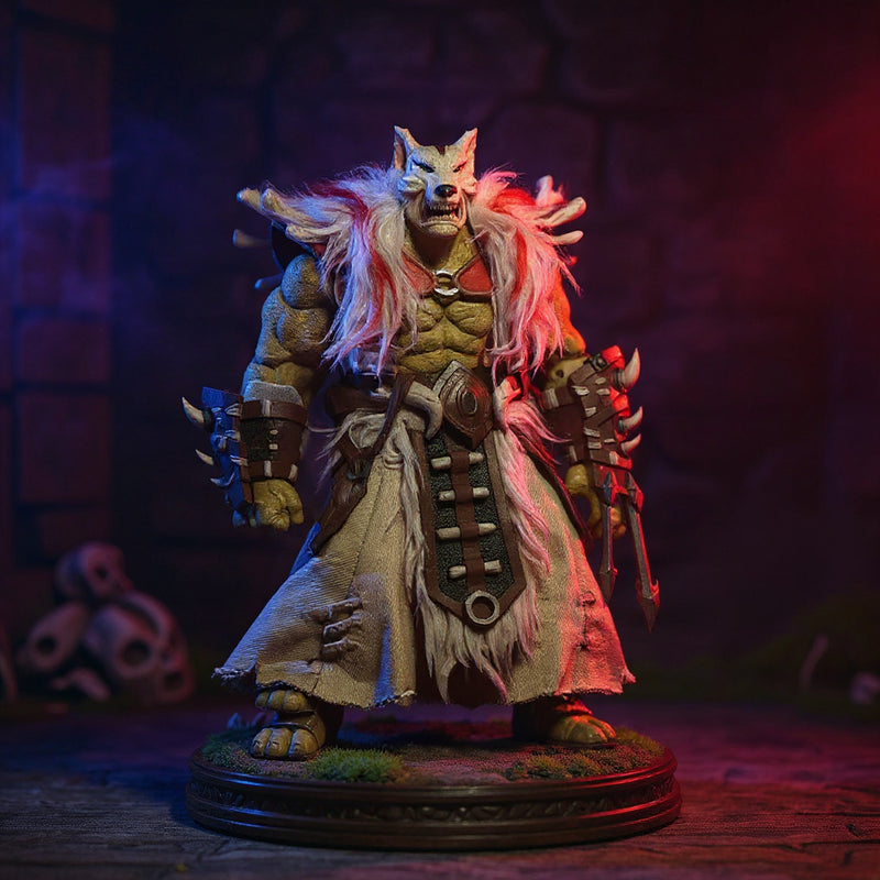 Dark hooded fabric cloak with tattered edges on a 1/10 figure armature in a foggy dungeon setting with mossy pedestal and bones, vibrant purple-crimson gradient lighting.