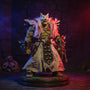Dark hooded fabric cloak with tattered edges on a 1/10 figure armature in a foggy dungeon setting with mossy pedestal and bones, vibrant purple-crimson gradient lighting.