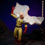 Flowing yellow-and-white cloth cape on a mannequin torso billowing dynamically against a blue-purple gradient urban rooftop backdrop with miniature rubble and dramatic lighting.