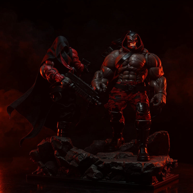 Black and deep-red flowing cloth cape with internal wire framing, hood attached, draped on a dark gothic cracked stone base with red LED lighting and smoke effects.