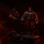 Black and deep-red flowing cloth cape with internal wire framing, hood attached, draped on a dark gothic cracked stone base with red LED lighting and smoke effects.