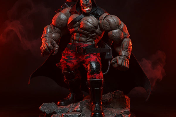 Black and deep-red wire-framed cloth cape on a 6-inch action figure, posed dynamically on a cracked stone gothic base with red LED lighting and fog.