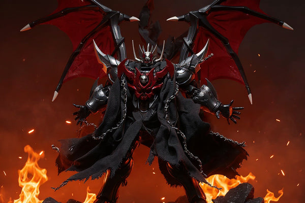Torn dark cloth cape with frayed edges draped on a mecha action figure in a battlefield diorama, lit by red and orange explosion glow.