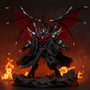Torn dark cloth cape with frayed edges draped on a mecha action figure in a battlefield diorama, lit by red and orange explosion glow.