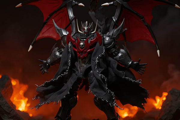Battle-damaged dark cloth cape on mecha action figure in explosive battle diorama.