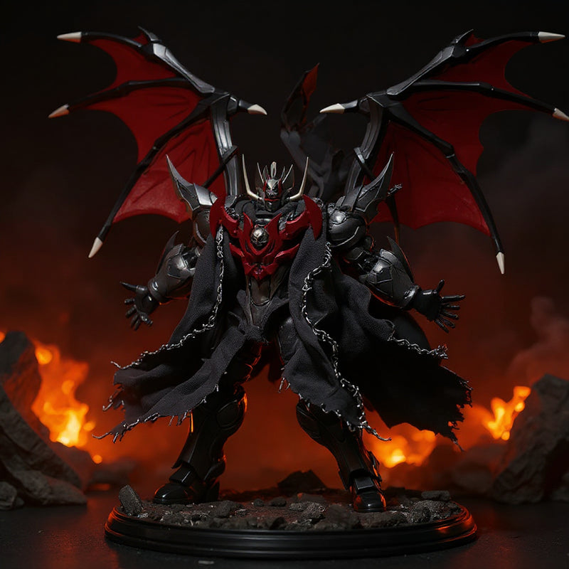 Battle-damaged dark cloth cape on mecha action figure in explosive battle diorama.