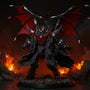 Battle-damaged dark cloth cape on mecha action figure in explosive battle diorama.