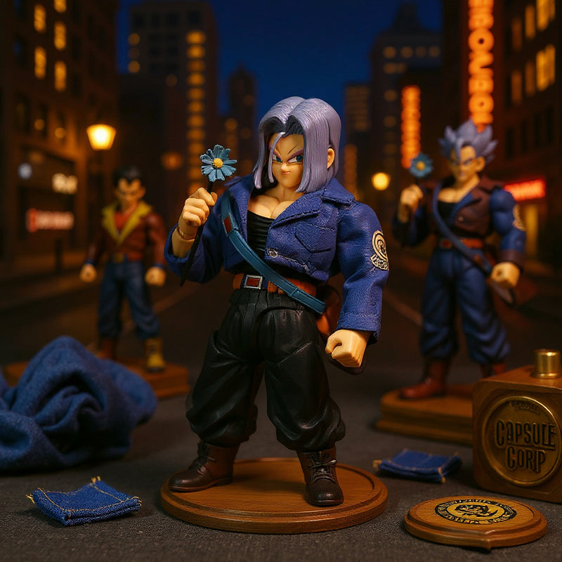 Miniature blue denim jacket displayed on a wooden stand against a bold urban cityscape backdrop with denim swatches and Capsule Corp props, dramatic lighting.