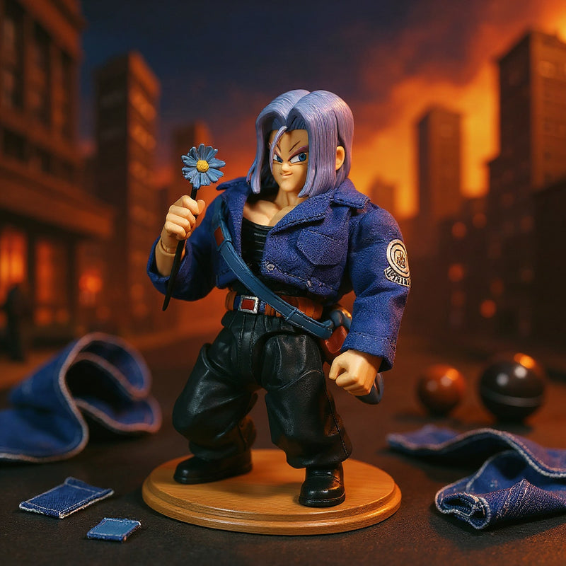 Miniature blue denim jacket for 1/12 action figure displayed on a wooden stand with denim swatches against a bold orange gradient and urban backdrop, showcasing visible stitching and wire-shaped sleeves.