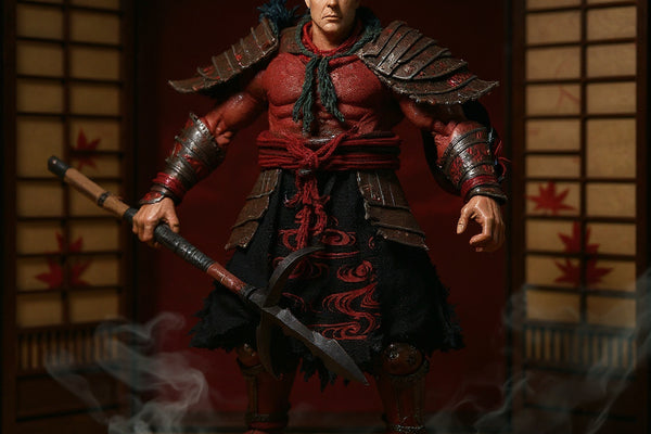 Dark red and black layered kimono-style cloth outfit with oni motifs on a bare action figure body, Japanese folding screen backdrop, red maple leaves, dramatic lighting.
