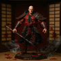 Dark red and black layered kimono-style cloth outfit with oni motifs on a bare action figure body, Japanese folding screen backdrop, red maple leaves, dramatic lighting.