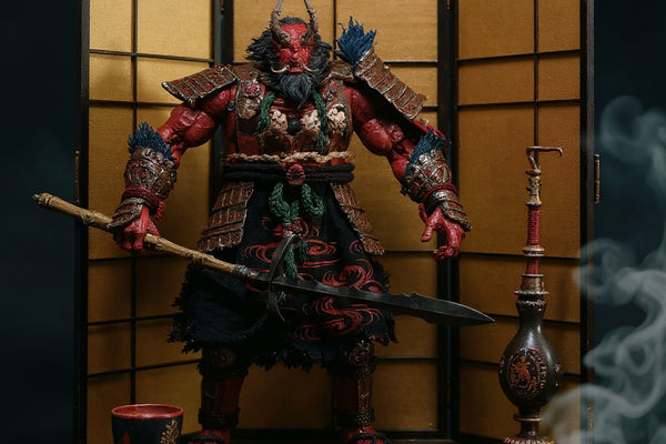 Dark red and black kimono-style cloth outfit with oni motifs displayed on a dojo stand against a folding screen with dramatic mist and red maple leaves.
