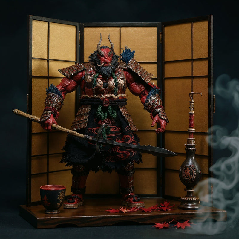 Dark red and black kimono-style cloth outfit with oni motifs displayed on a dojo stand against a folding screen with dramatic mist and red maple leaves.