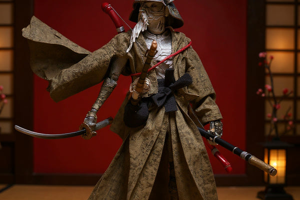 Handmade samurai robe on 1/12 action figure in bold dojo scene with red and indigo gradient, katana and lantern props.