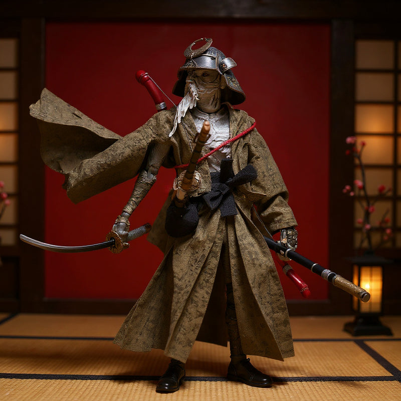 Handmade samurai robe on 1/12 action figure in bold dojo scene with red and indigo gradient, katana and lantern props.