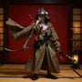 Handmade samurai robe on 1/12 action figure in bold dojo scene with red and indigo gradient, katana and lantern props.