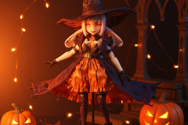 Richly textured pumpkin-orange and black soft fabric outfit on articulated mecha-girl figure, staged with miniature pumpkins, autumn leaves, string lights, and gothic castle backdrop, warm high-contrast lighting.