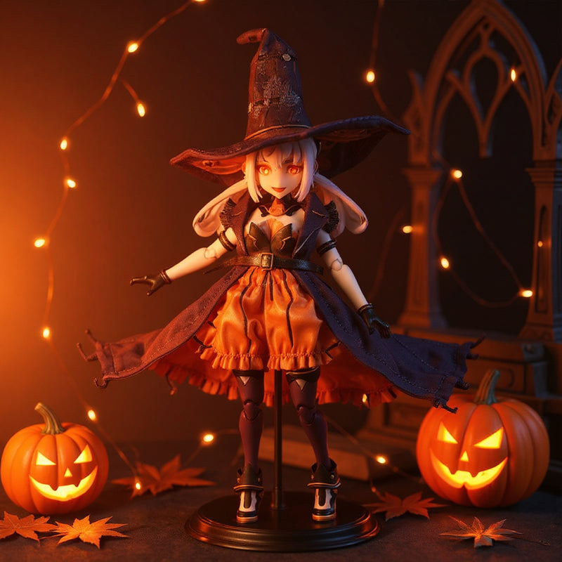 Richly textured pumpkin-orange and black soft fabric outfit on articulated mecha-girl figure, staged with miniature pumpkins, autumn leaves, string lights, and gothic castle backdrop, warm high-contrast lighting.
