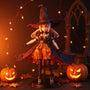 Richly textured pumpkin-orange and black soft fabric outfit on articulated mecha-girl figure, staged with miniature pumpkins, autumn leaves, string lights, and gothic castle backdrop, warm high-contrast lighting.