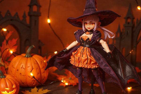 Pumpkin-orange and black soft fabric outfit on a mecha-girl figure surrounded by miniature pumpkins, autumn leaves, string lights, and a gothic castle backdrop.