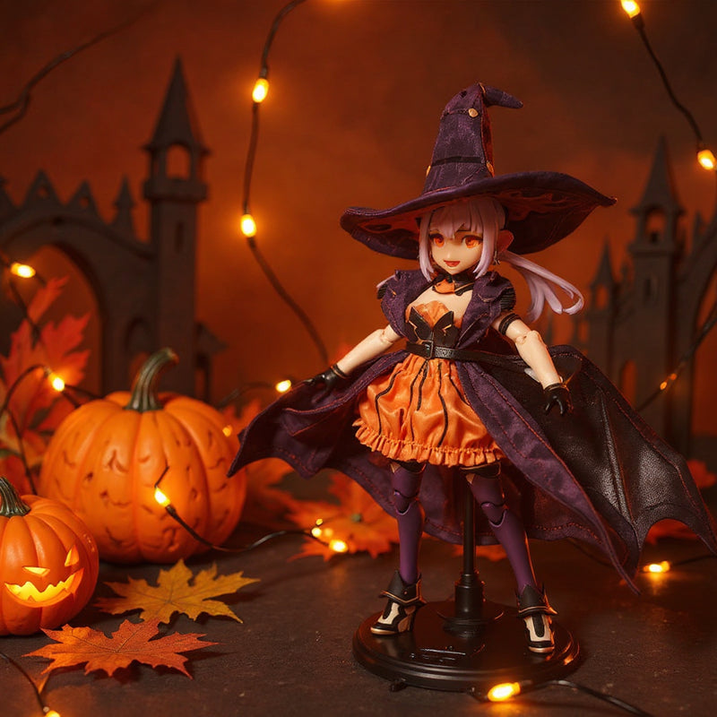 Pumpkin-orange and black soft fabric outfit on a mecha-girl figure surrounded by miniature pumpkins, autumn leaves, string lights, and a gothic castle backdrop.