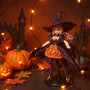 Pumpkin-orange and black soft fabric outfit on a mecha-girl figure surrounded by miniature pumpkins, autumn leaves, string lights, and a gothic castle backdrop.