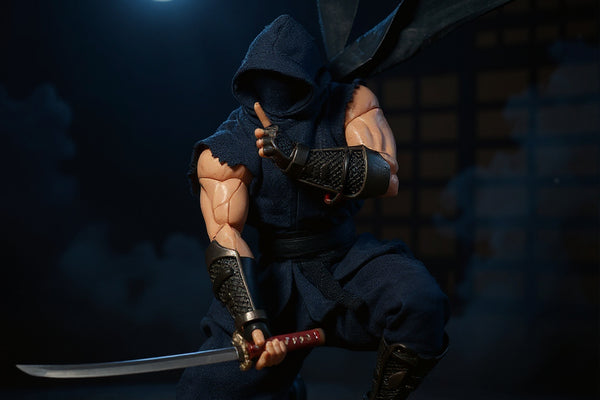1/12 scale ninja action figure wearing dark layered cloth outfit with katana and shuriken, moonlit dojo backdrop