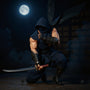 1/12 scale ninja action figure wearing dark layered cloth outfit with katana and shuriken, moonlit dojo backdrop