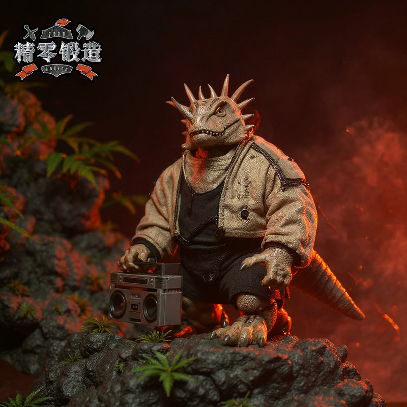 Ceratopsian dinosaur figure in textured fabric warrior outfit on rocky jungle diorama with dramatic side lighting.