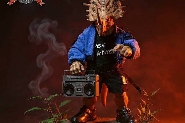 Textured fabric clothing with wire edges on a ceratopsian dinosaur action figure, set on prehistoric rock terrain with jungle foliage and battlefield smoke, dramatic side lighting.