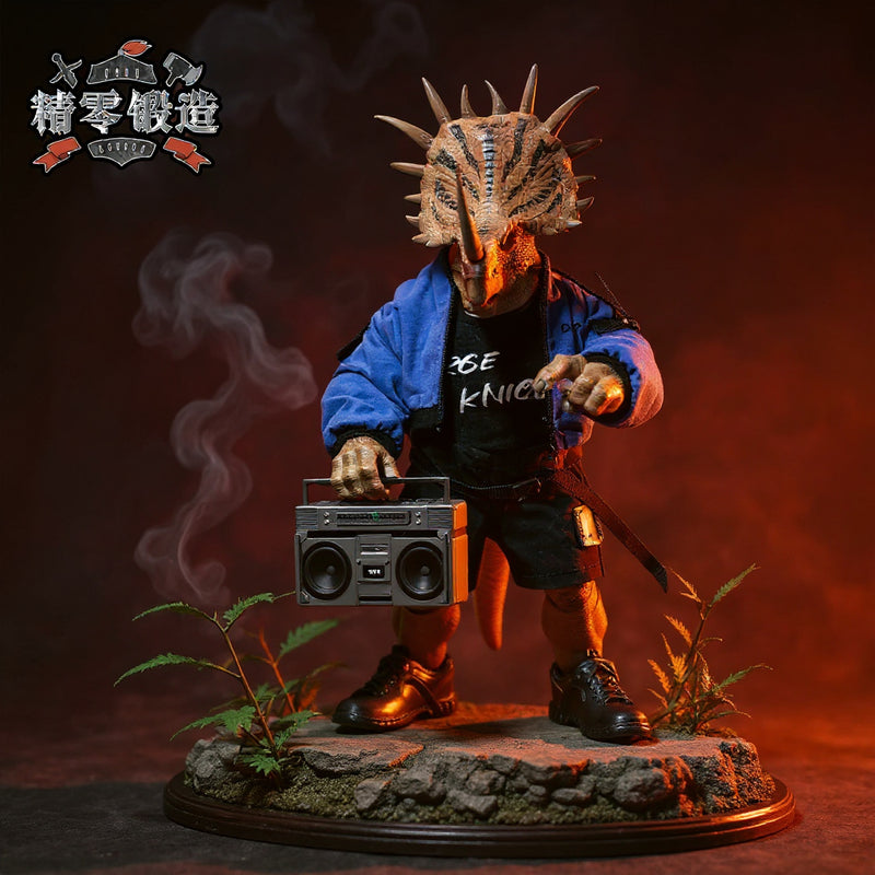 Textured fabric clothing with wire edges on a ceratopsian dinosaur action figure, set on prehistoric rock terrain with jungle foliage and battlefield smoke, dramatic side lighting.