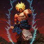 Dark fabric skirt/cape on muscular action figure against rocky battle terrain with energy aura lighting