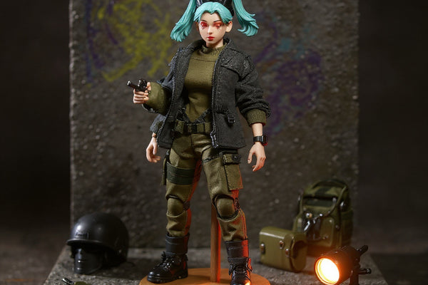Custom 1/12 scale tactical soft goods outfit on action figure in urban diorama with dramatic spotlight and gear