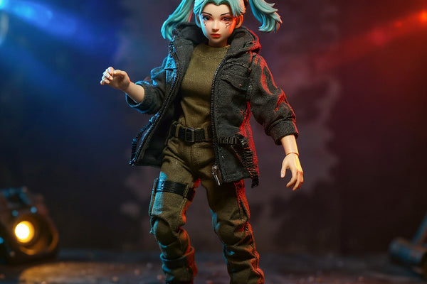Miniature action figure in tactical cloth outfit on a stand in urban diorama with blue-orange gradient backdrop