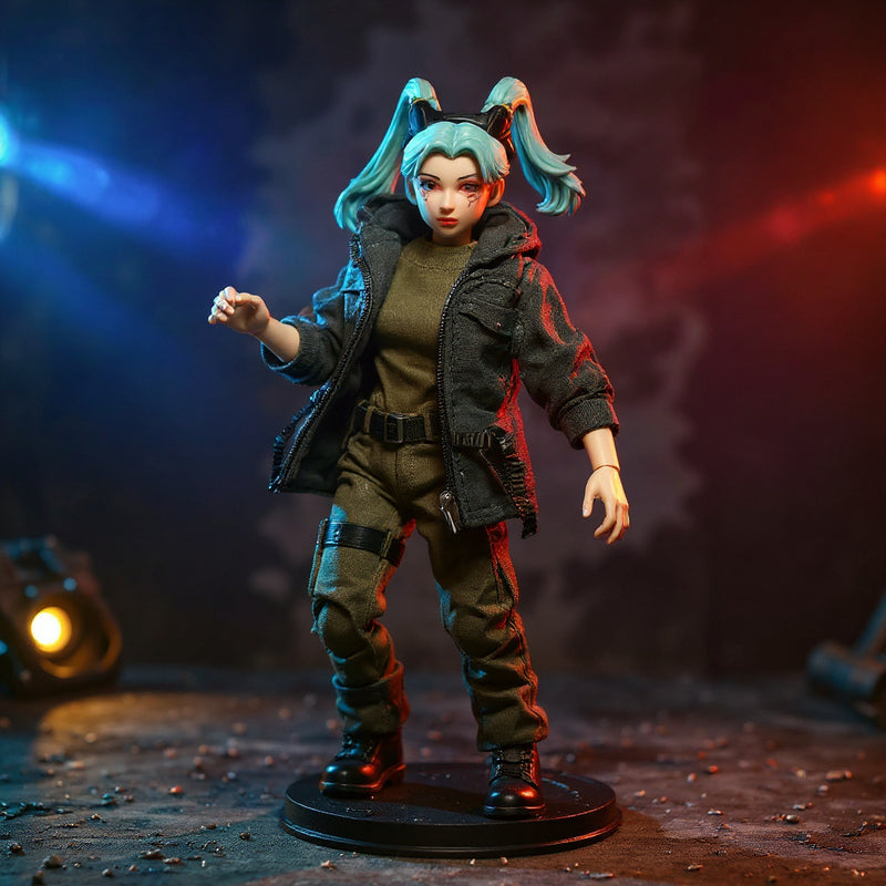 Miniature action figure in tactical cloth outfit on a stand in urban diorama with blue-orange gradient backdrop