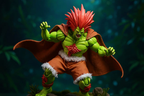 1/12 scale Blanka figure wearing a soft fabric wire-edged cape in a miniature jungle diorama with moss and rocks, dramatic lighting, vivid emerald and blue gradient background.
