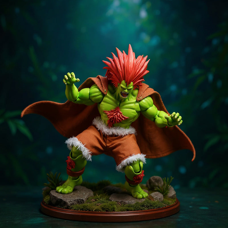 1/12 scale Blanka figure wearing a soft fabric wire-edged cape in a miniature jungle diorama with moss and rocks, dramatic lighting, vivid emerald and blue gradient background.
