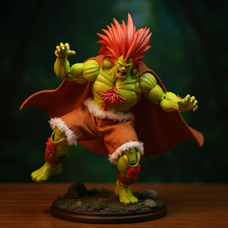 1/12 scale fabric cape with wire-edged flowing edges draped on action figure in jungle diorama